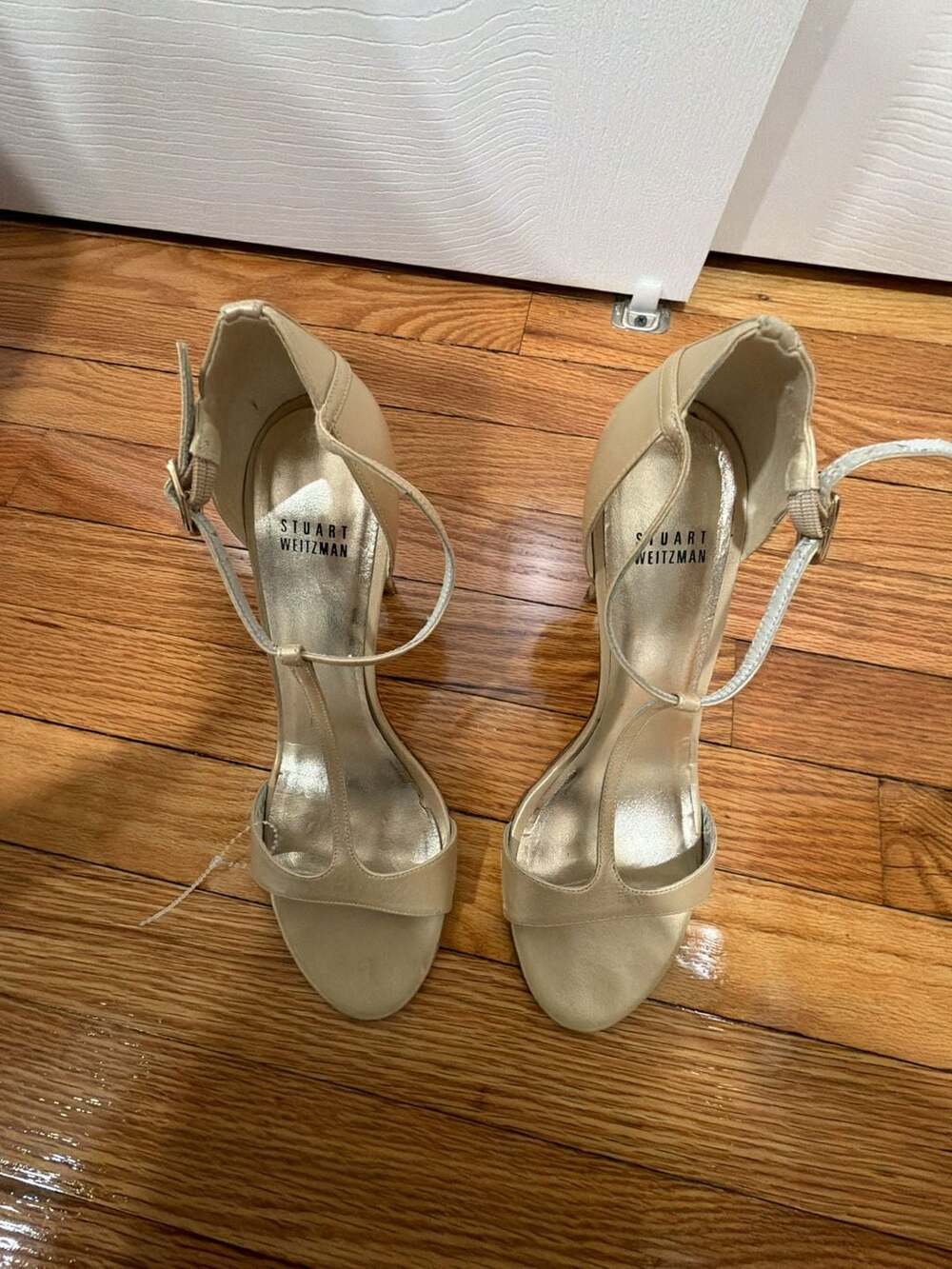 Stuart Weitzman Nude Leather T-Strap Stiletto Heels